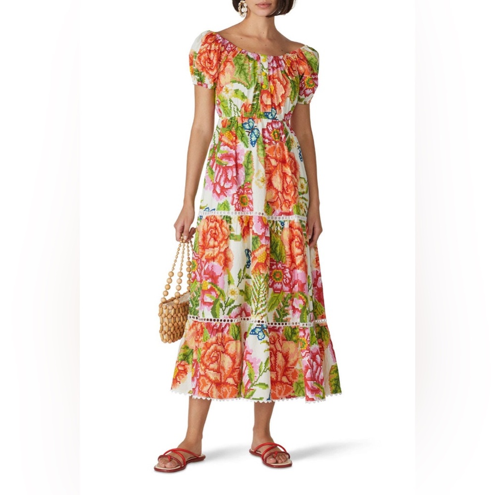 FARM Rio White Maxi Dress with Orange, Pink & Green Floral Print Size M